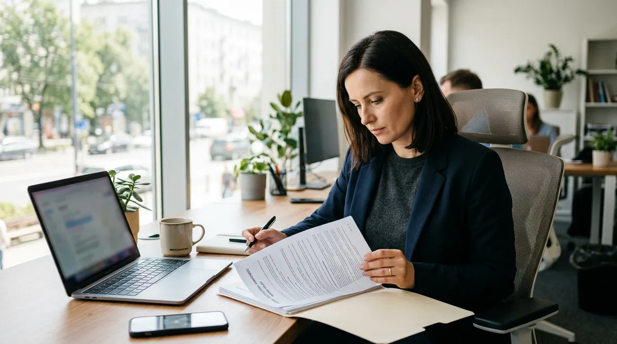 Osoba przeglądająca pierwszą polisę komunikacyjną przy biurku z dokumentami